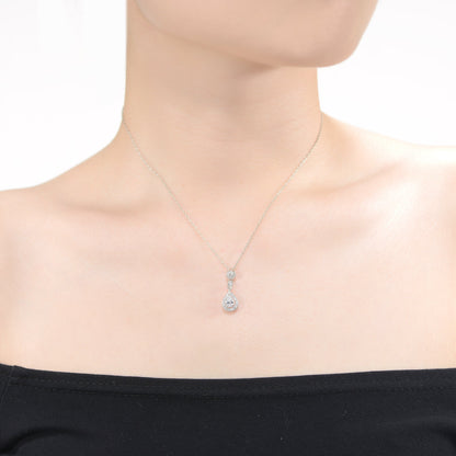 Sterling Silver With Rhodium Plated Pear And Round Cubic Zirconia Accent Drop Pendant Necklace