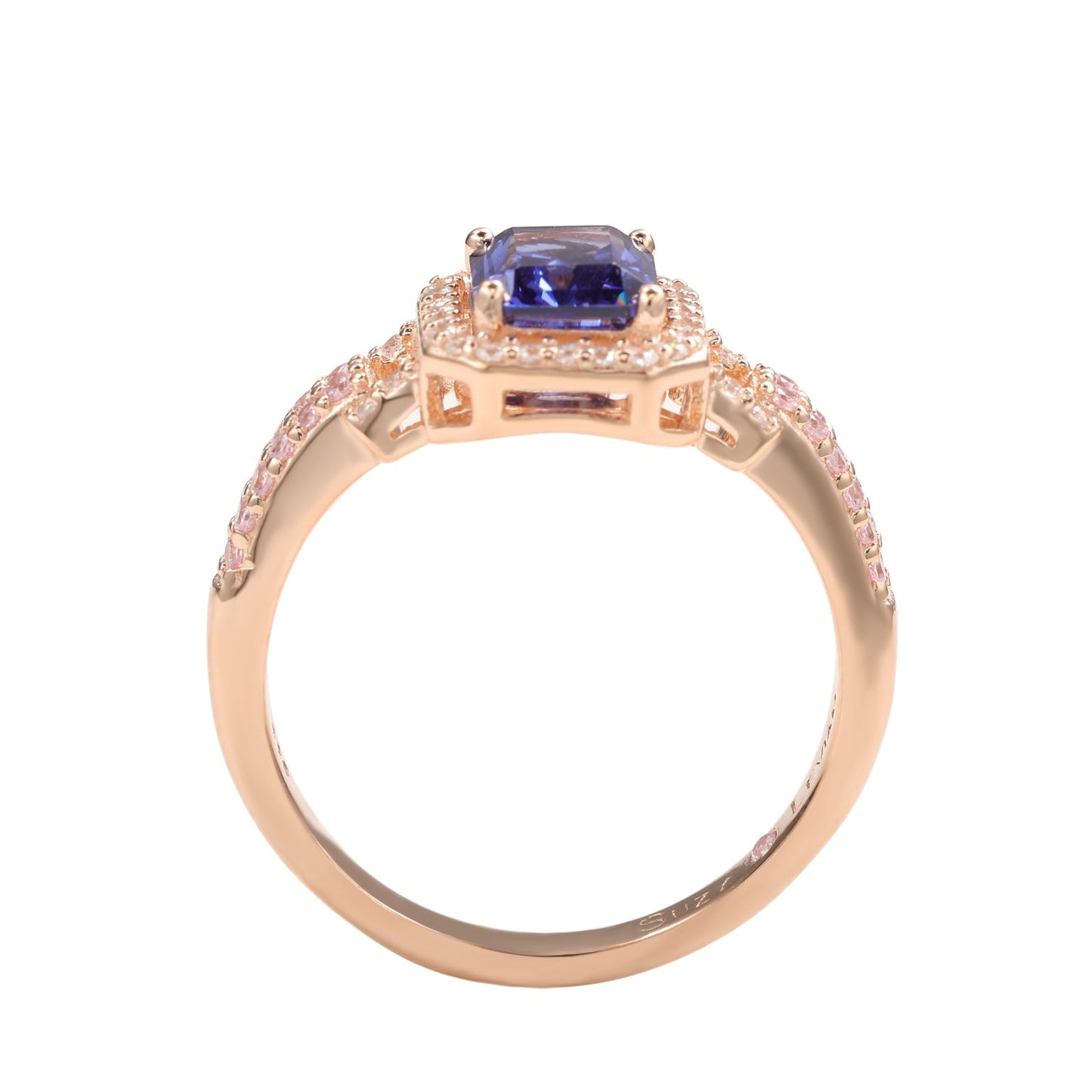 Suzy Levian Rose Sterling Silver Emerald-Cut Blue Tanzanite Pink Cubic Zirconia Halo Ring