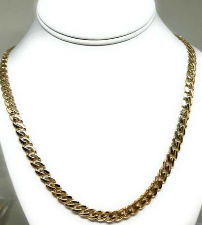 14k Solid Gold Miami Cuban Link Chain 18-24 inches 7mm CZ Lock (Semi-Hollow) 20-29g