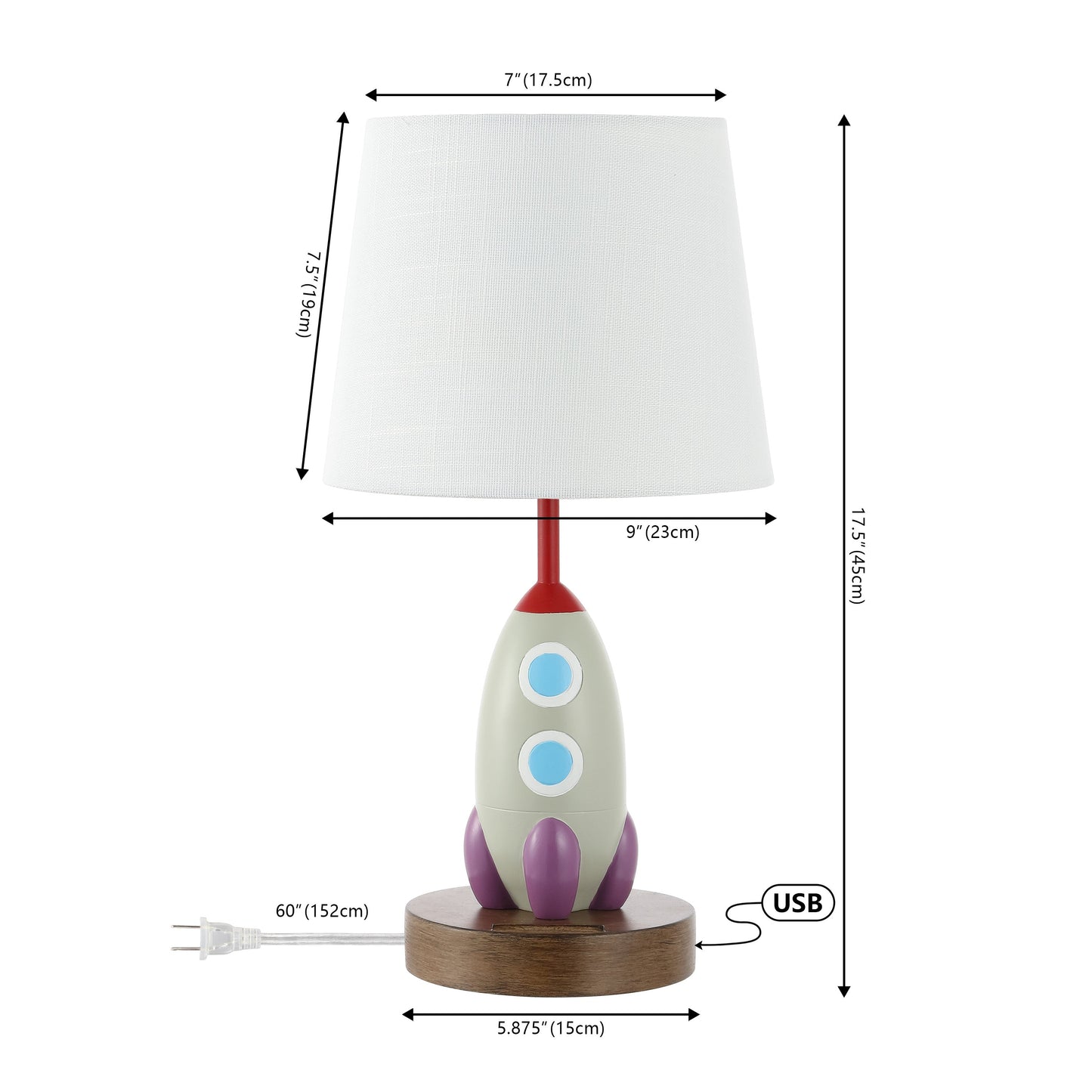 Houston 17.5" Coastal Style Iron/Resin Rocket LED Kids' Table Lamp with Phone Stand and USB Charging Port, Multi-Color