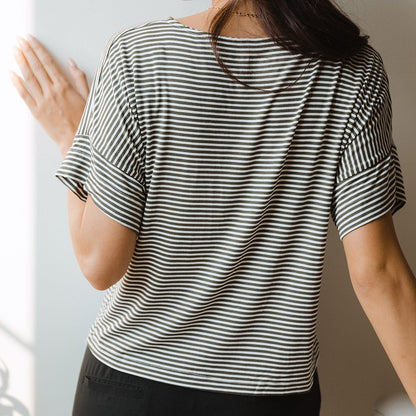 Relaxed Tee, Olive and White Stripe