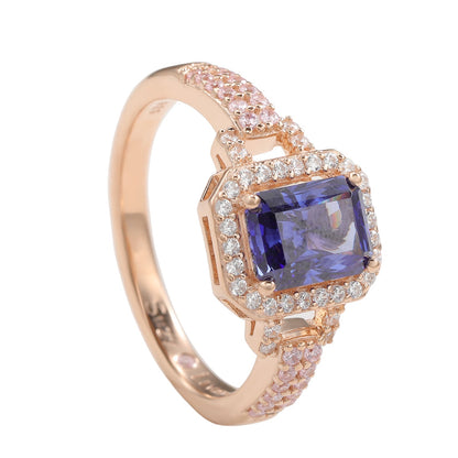 Suzy Levian Rose Sterling Silver Emerald-Cut Blue Tanzanite Pink Cubic Zirconia Halo Ring