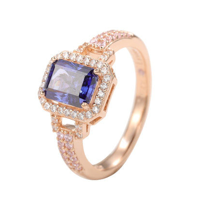 Suzy Levian Rose Sterling Silver Emerald-Cut Blue Tanzanite Pink Cubic Zirconia Halo Ring