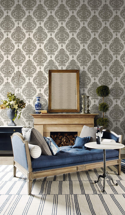 Antigua Damask Wallpaper in Charcoal and Ivory from the Luxe Retreat Collection