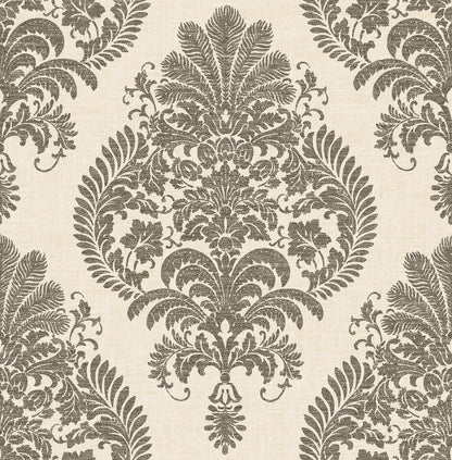 Antigua Damask Wallpaper in Charcoal and Ivory from the Luxe Retreat Collection