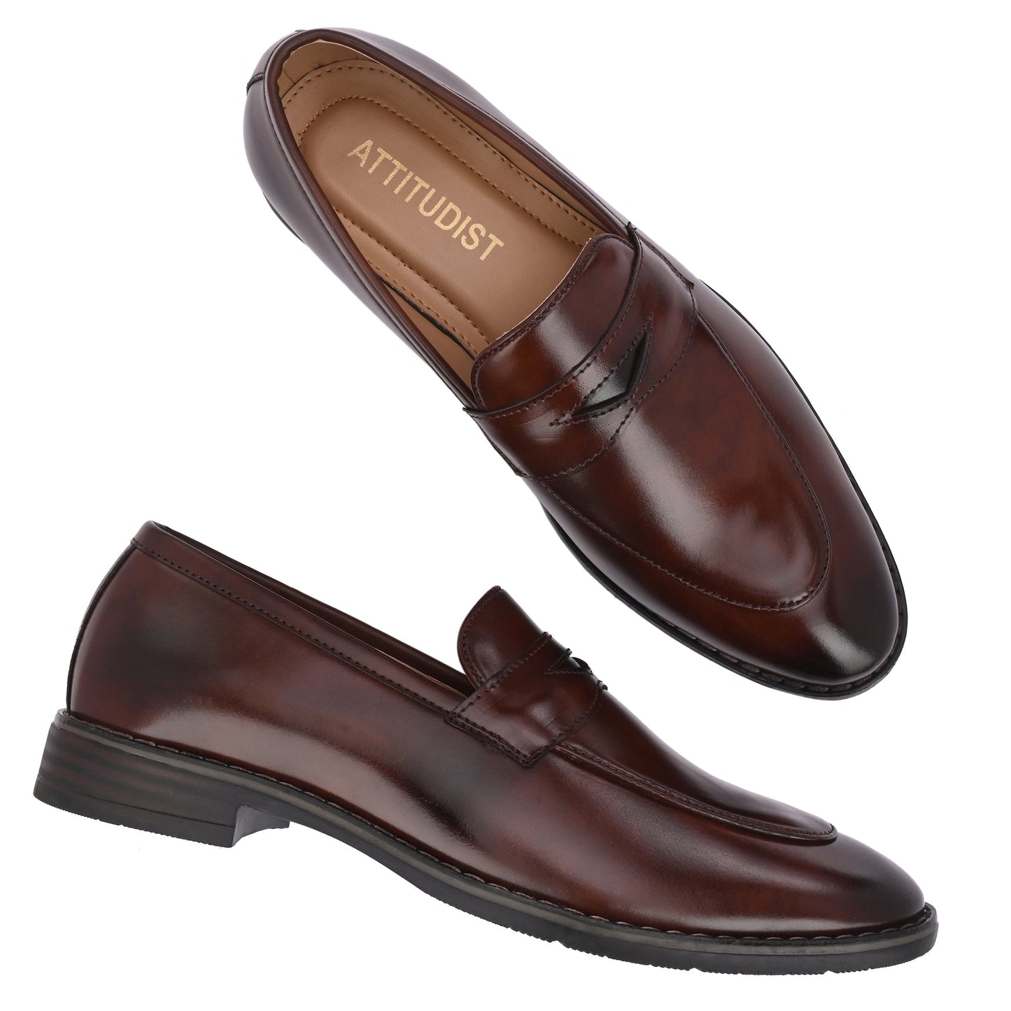 Attitudist Unisex Handcrafted Glossy Brown Penny Loafer With Double Stitched Welts