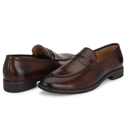 Attitudist Unisex Handcrafted Glossy Brown Penny Loafer With Double Stitched Welts