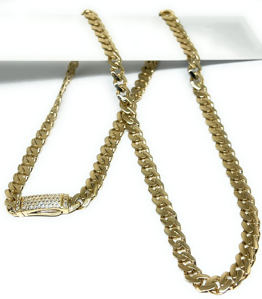 14k Solid Gold Miami Cuban Link Chain 18-24 inches 7mm CZ Lock (Semi-Hollow) 20-29g