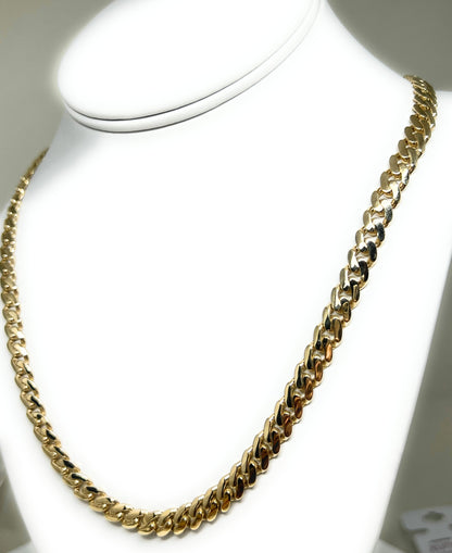 14k Solid Gold Miami Cuban Link Chain 18-24 inches 7mm CZ Lock (Semi-Hollow) 20-29g