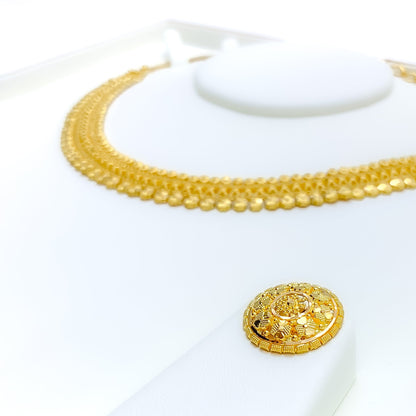 Upscale Floral Lined 22k Gold Necklace Set