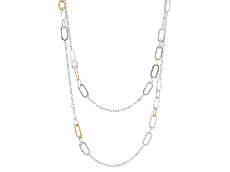 GURHAN Mango Sterling Silver Station Long Necklace, Flat Oval, No Stone, Gold Accents