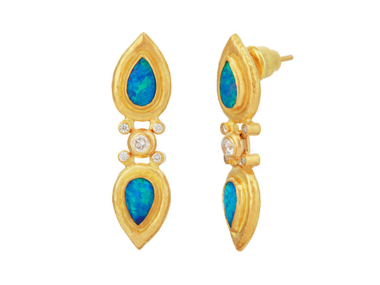 GURHAN Muse Gold Single Drop Earrings, 8x5mm Teardrop set in Wide Frame, Opal and Diamond