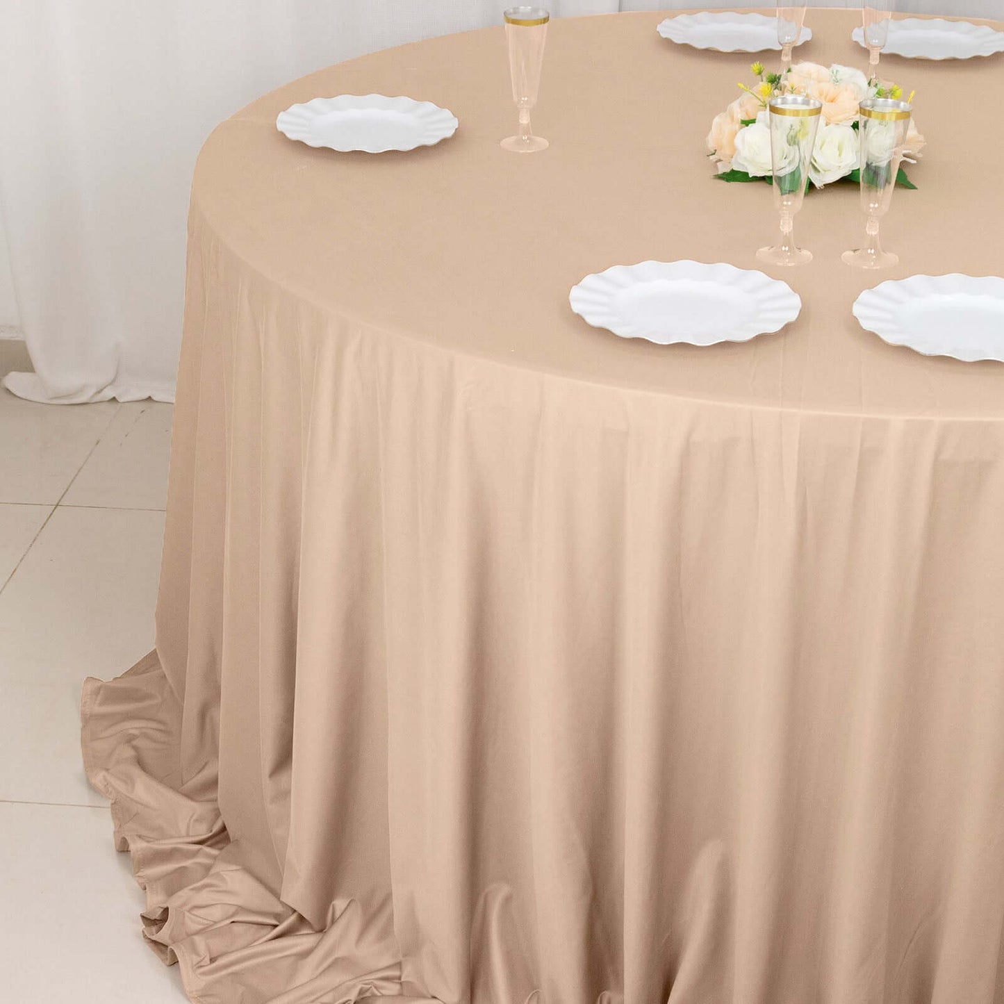 Nude Premium Scuba Round Tablecloth, Wrinkle Free Polyester Seamless Tablecloth 132" for 6 Foot Table With Floor-Length Drop