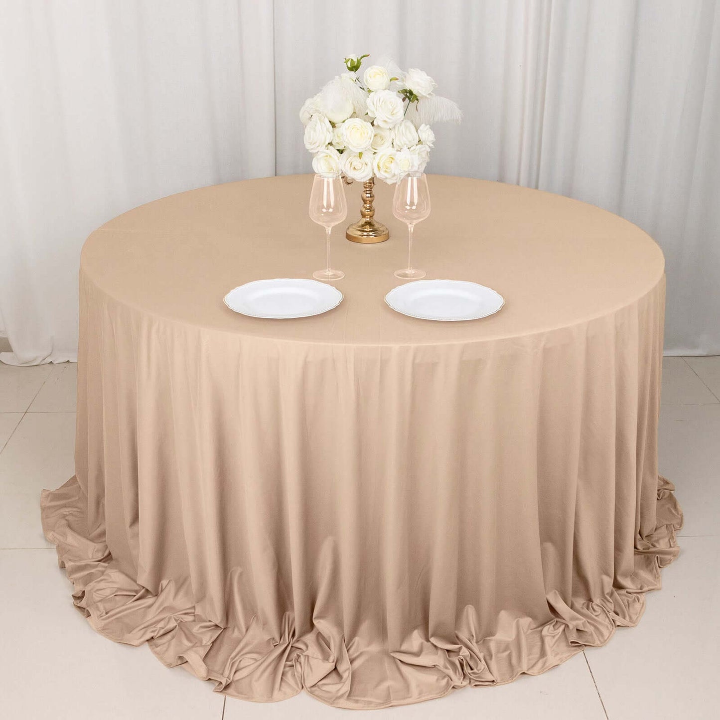 Nude Premium Scuba Round Tablecloth, Wrinkle Free Polyester Seamless Tablecloth 132" for 6 Foot Table With Floor-Length Drop