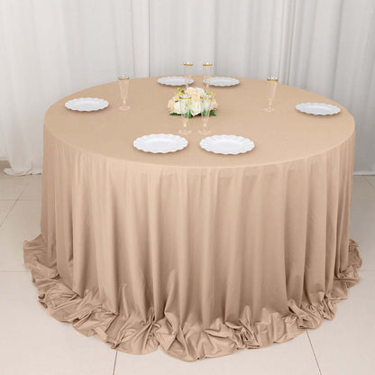 Nude Premium Scuba Round Tablecloth, Wrinkle Free Polyester Seamless Tablecloth 132" for 6 Foot Table With Floor-Length Drop