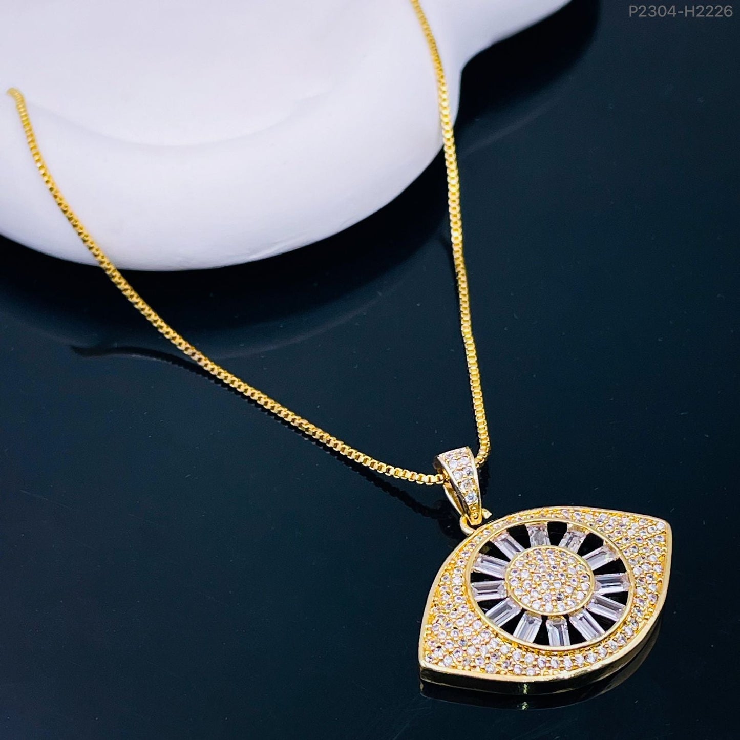 Evil Eye Baguette Cubic Zirconia 18K Gold Pendant Chain for Women