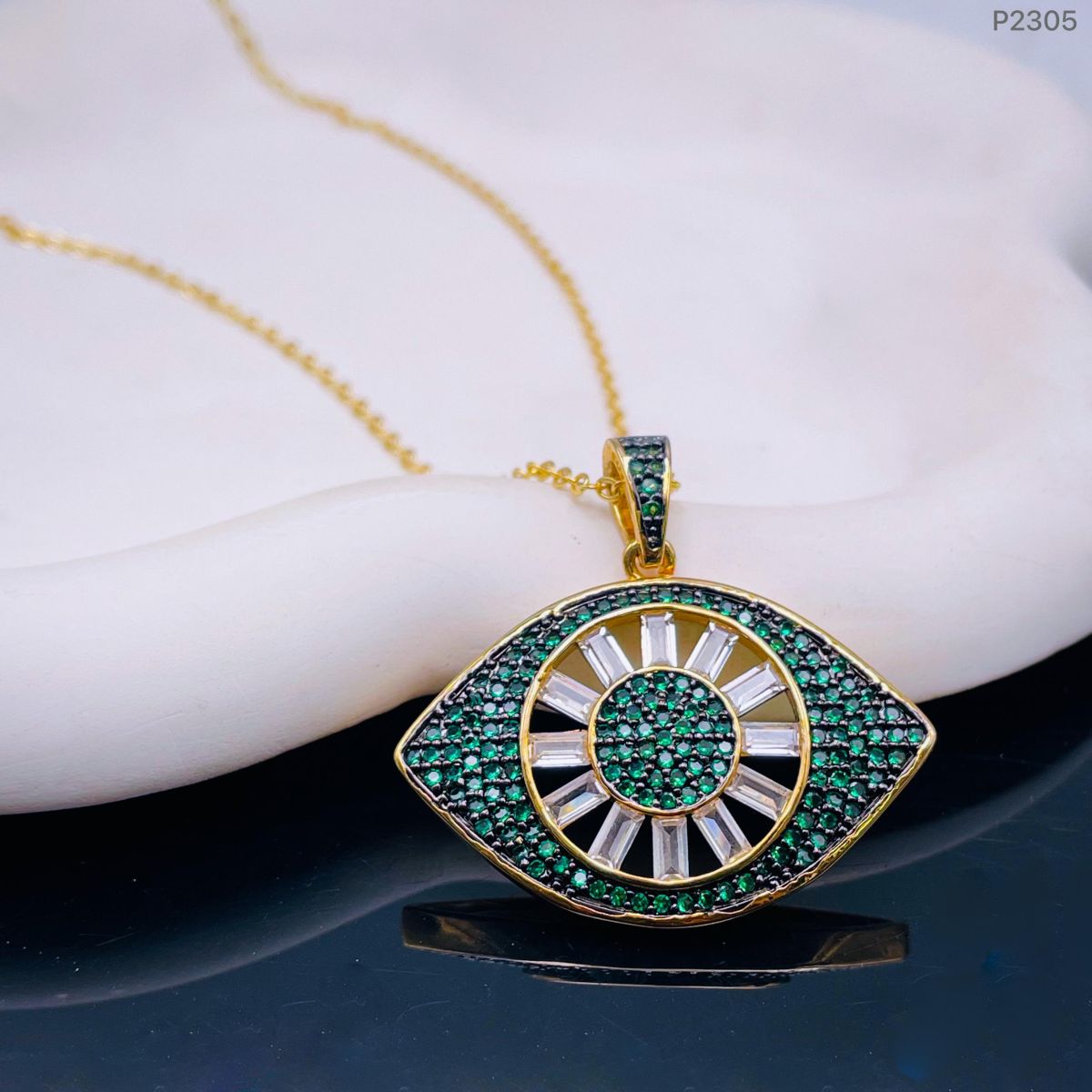 Evil Eye Baguette Cubic Zirconia 18K Gold Pendant Chain for Women