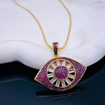 Evil Eye Baguette Cubic Zirconia 18K Gold Pendant Chain for Women