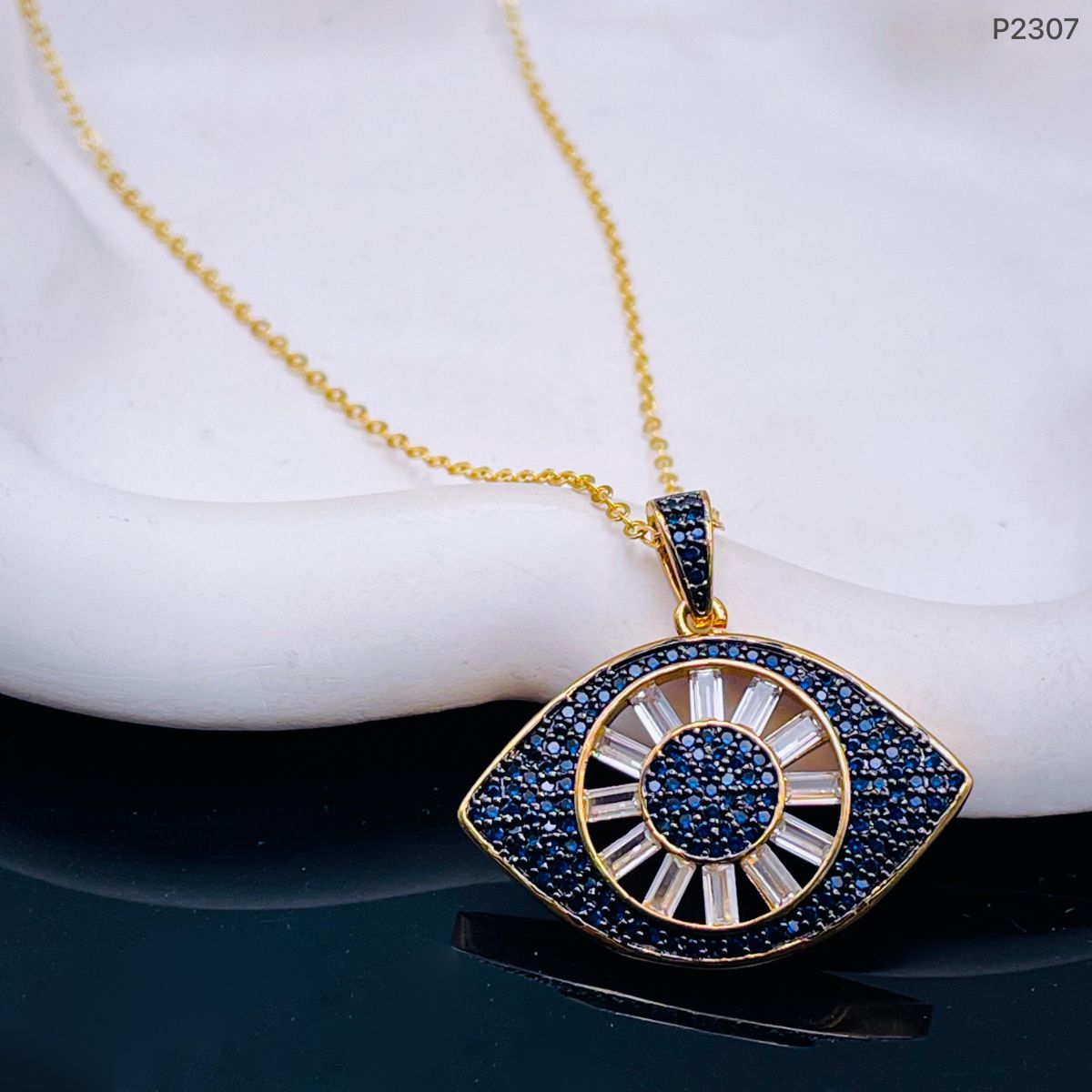 Evil Eye Baguette Cubic Zirconia 18K Gold Pendant Chain for Women