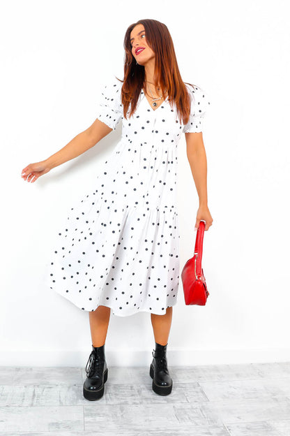 Spot The Diva - White Black Polka Dot Midi Dress