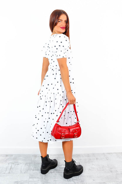 Spot The Diva - White Black Polka Dot Midi Dress