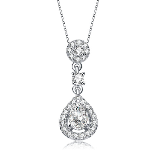 Sterling Silver With Rhodium Plated Pear And Round Cubic Zirconia Accent Drop Pendant Necklace