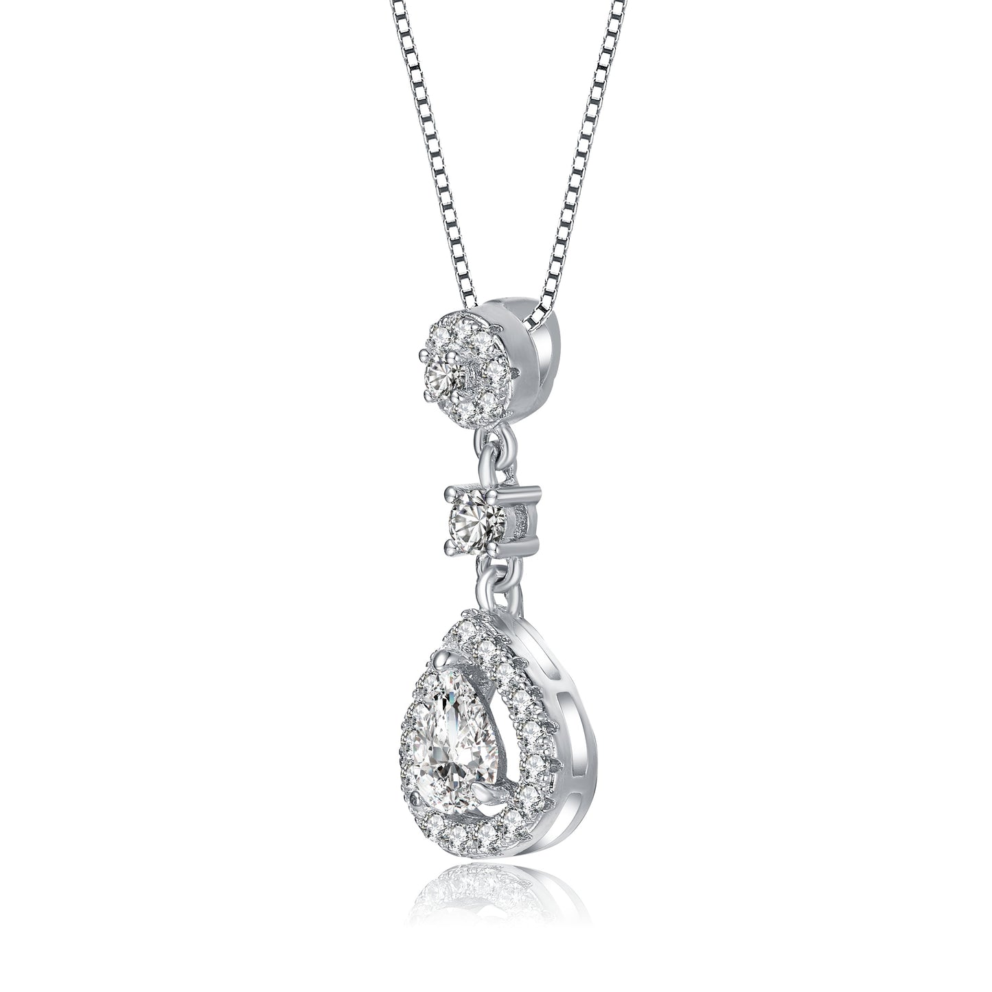 Sterling Silver With Rhodium Plated Pear And Round Cubic Zirconia Accent Drop Pendant Necklace