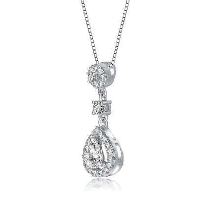 Sterling Silver With Rhodium Plated Pear And Round Cubic Zirconia Accent Drop Pendant Necklace