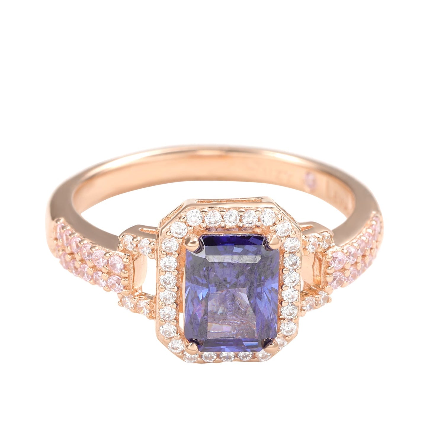 Suzy Levian Rose Sterling Silver Emerald-Cut Blue Tanzanite Pink Cubic Zirconia Halo Ring