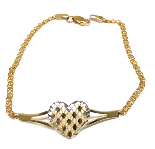 10k Solid Gold Yellow & White 2 Tone Heart Brracelet 7 inch Corazon