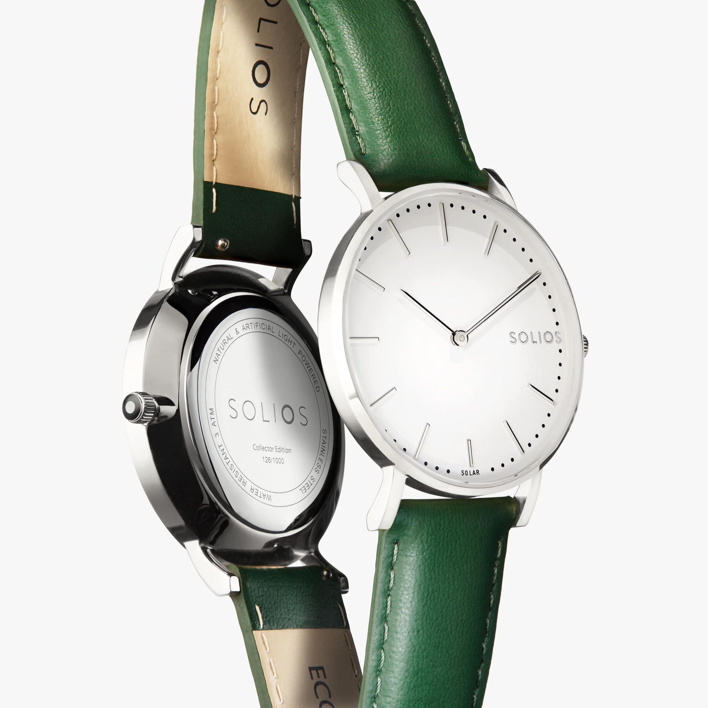 Solar Watch with White & Silver Dial  | Green Vegan Leather Strap