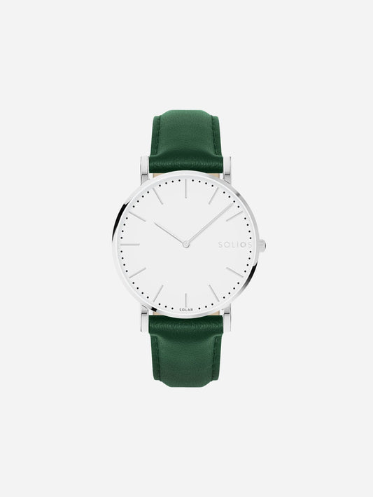 Solar Watch with White & Silver Dial  | Green Vegan Leather Strap